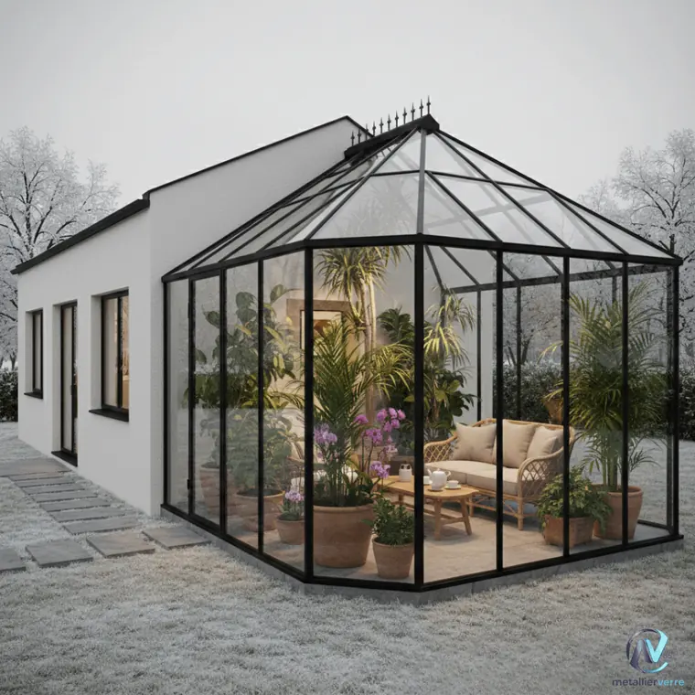 Jardin d'hiver en acier noir à pans coupés et toiture pyramidale