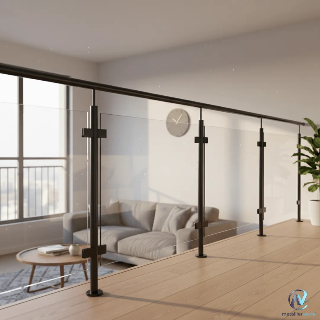 Garde-corps de mezzanine en verre et acier noir