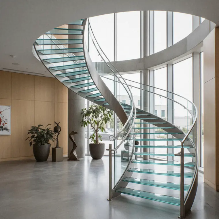 Escalier hélicoïdal à marches en verre dans un hall vitré