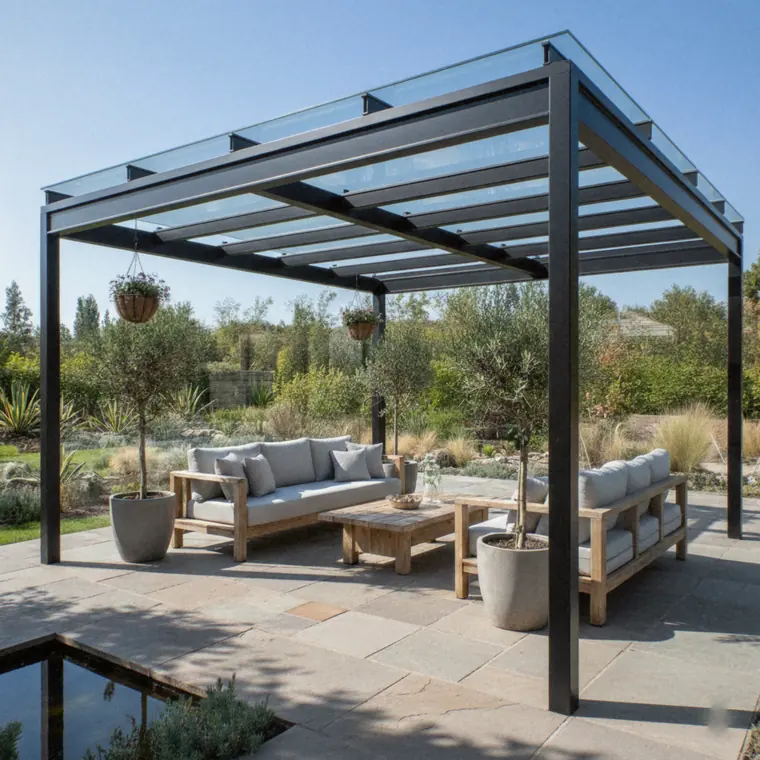 Toit vitré d'une pergola au-dessus d'un salon de jardin