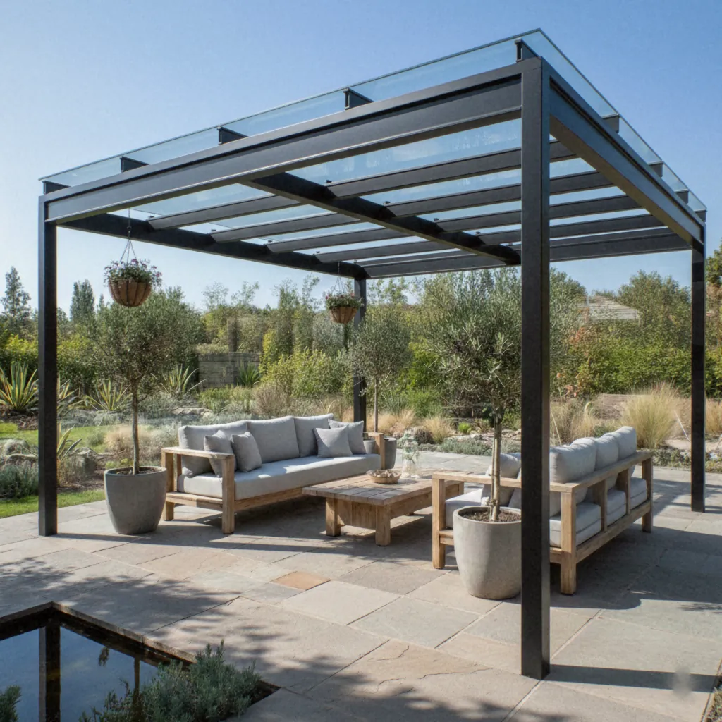 Toit vitré d'une pergola au-dessus d'un salon de jardin