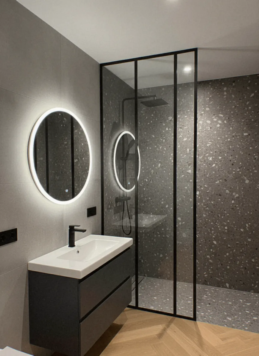 Paroi de douche en acier sur un mur de terrazzo