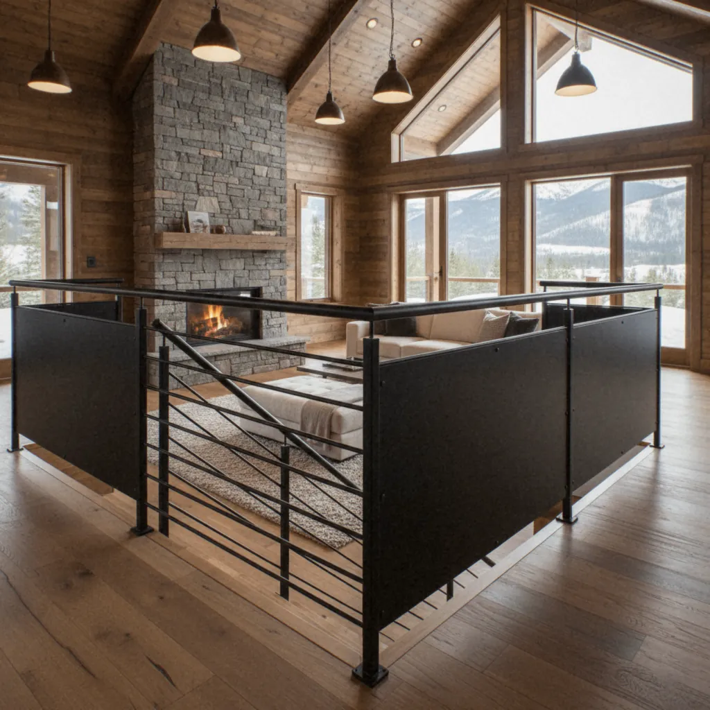 Rampe d'escalier noire à lisses obliques dans un séjour de chalet