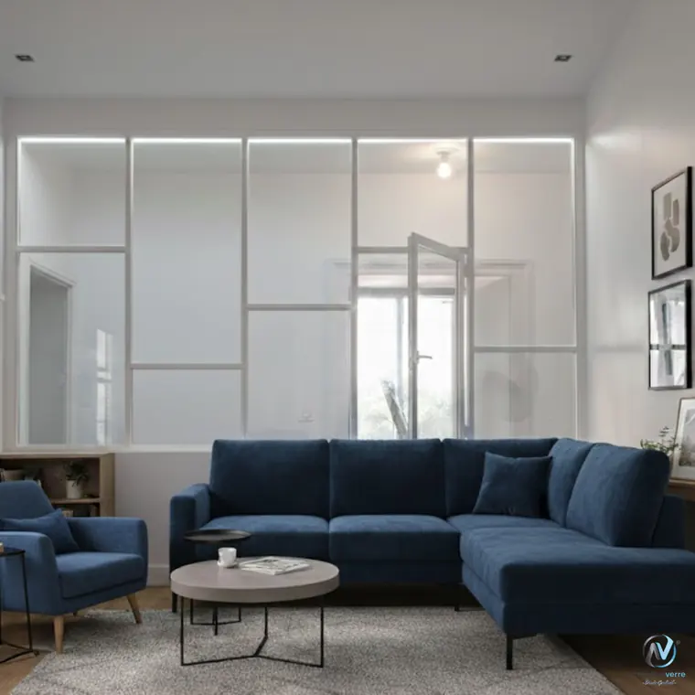 Cloison vitrée blanche avec porte battante dans un salon