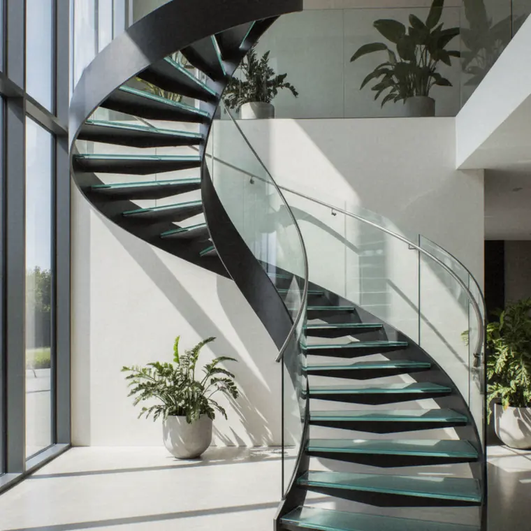 Escalier hélicoïdal à limon noir et marches de verre