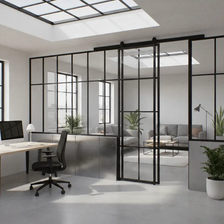 Verrière d'atelier à porte coulissante entre un bureau et un salon