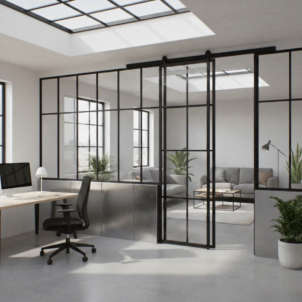 Verrière d'atelier à porte coulissante entre un bureau et un salon