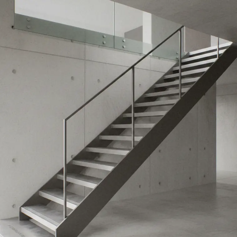 Escalier droit acier à limon latéral et garde-corps vitré