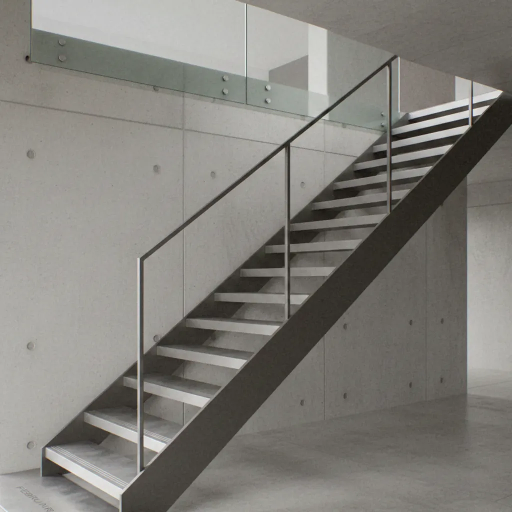 Escalier droit acier à limon latéral et garde-corps vitré