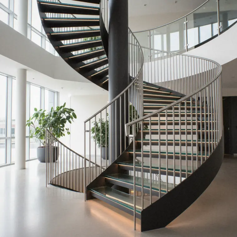 Escalier hélicoïdal à marches de verre et barreaudage inox