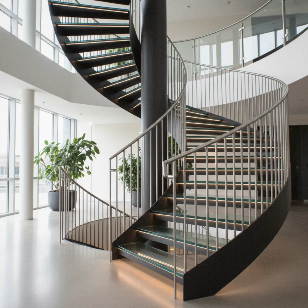 Escalier hélicoïdal à marches de verre et barreaudage inox