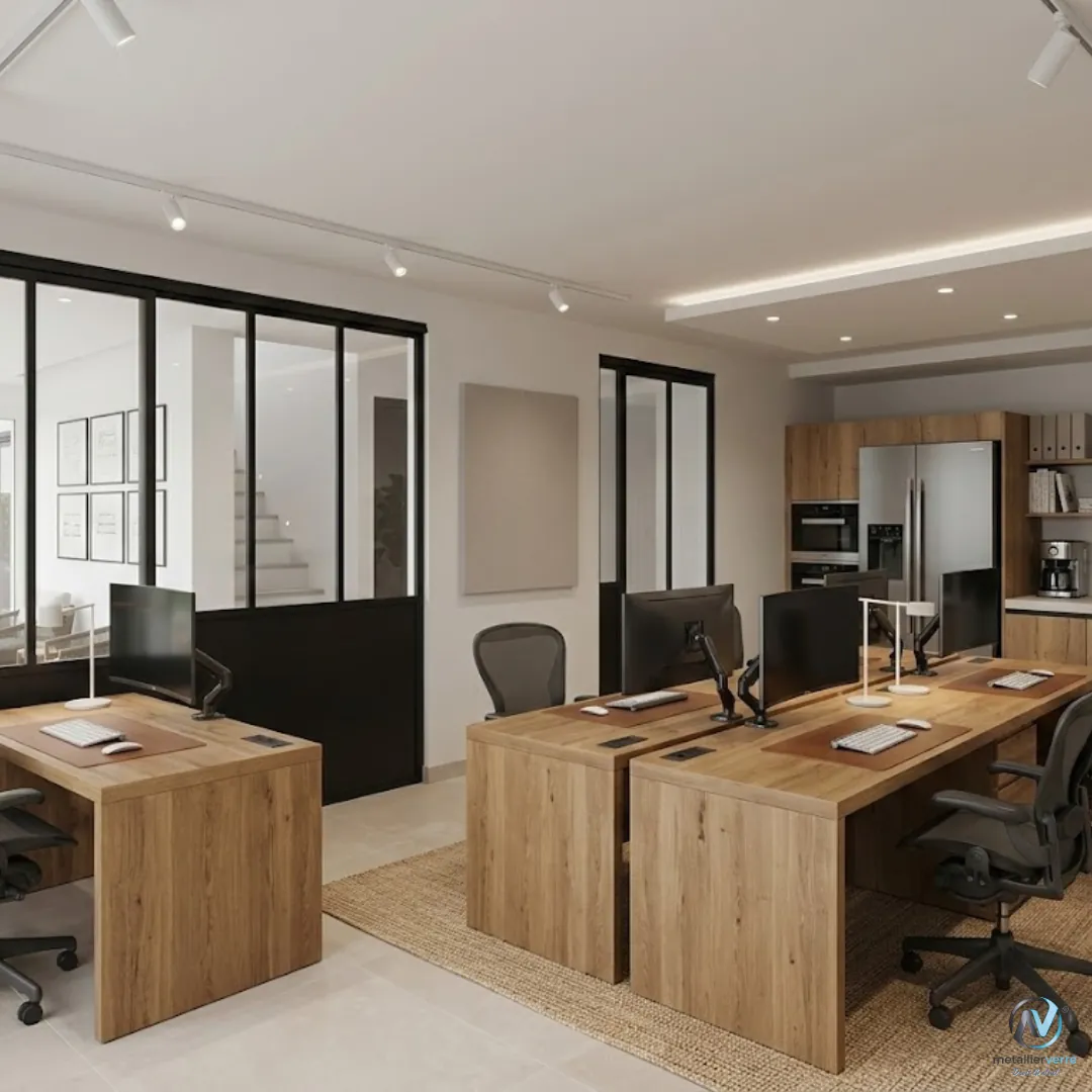 Cloisons vitrées noires autour d'un plateau de bureaux