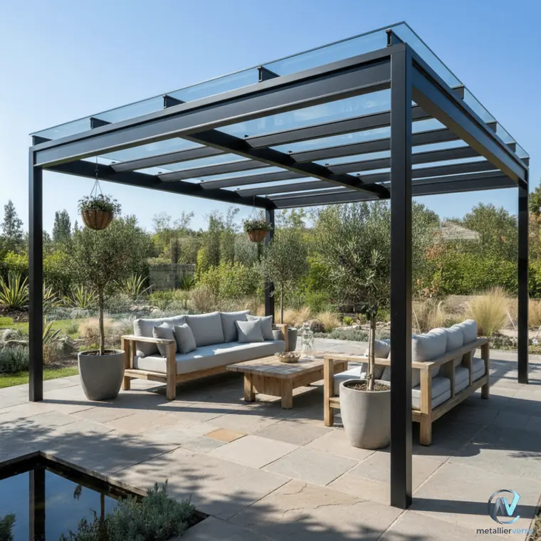 Pergola autoportante en acier gris à toiture de verre