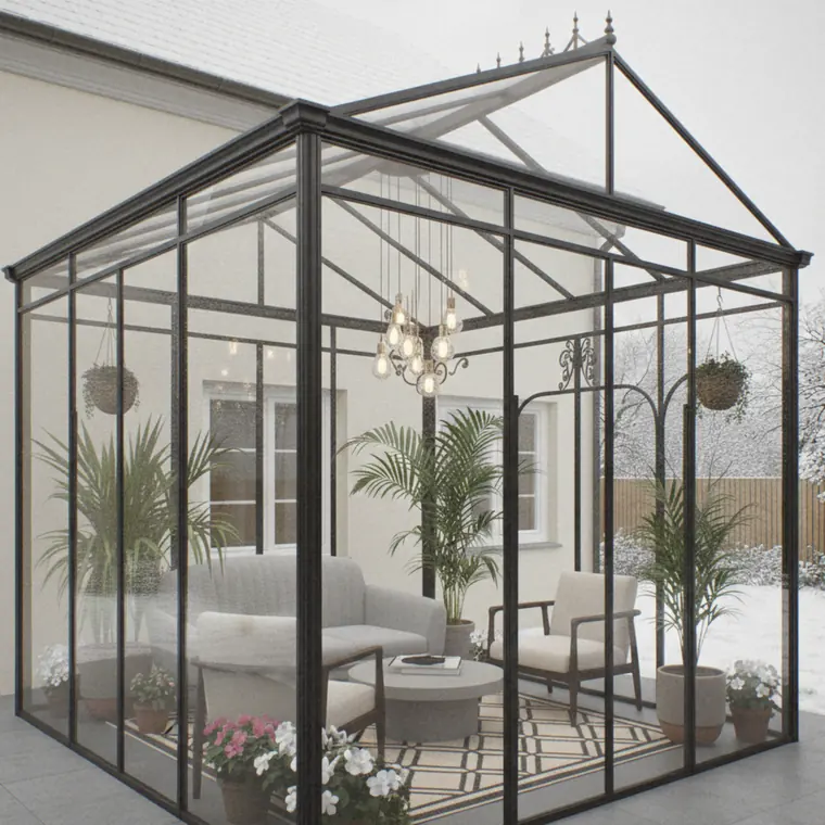 Jardin d'hiver en acier noir adossé à la maison