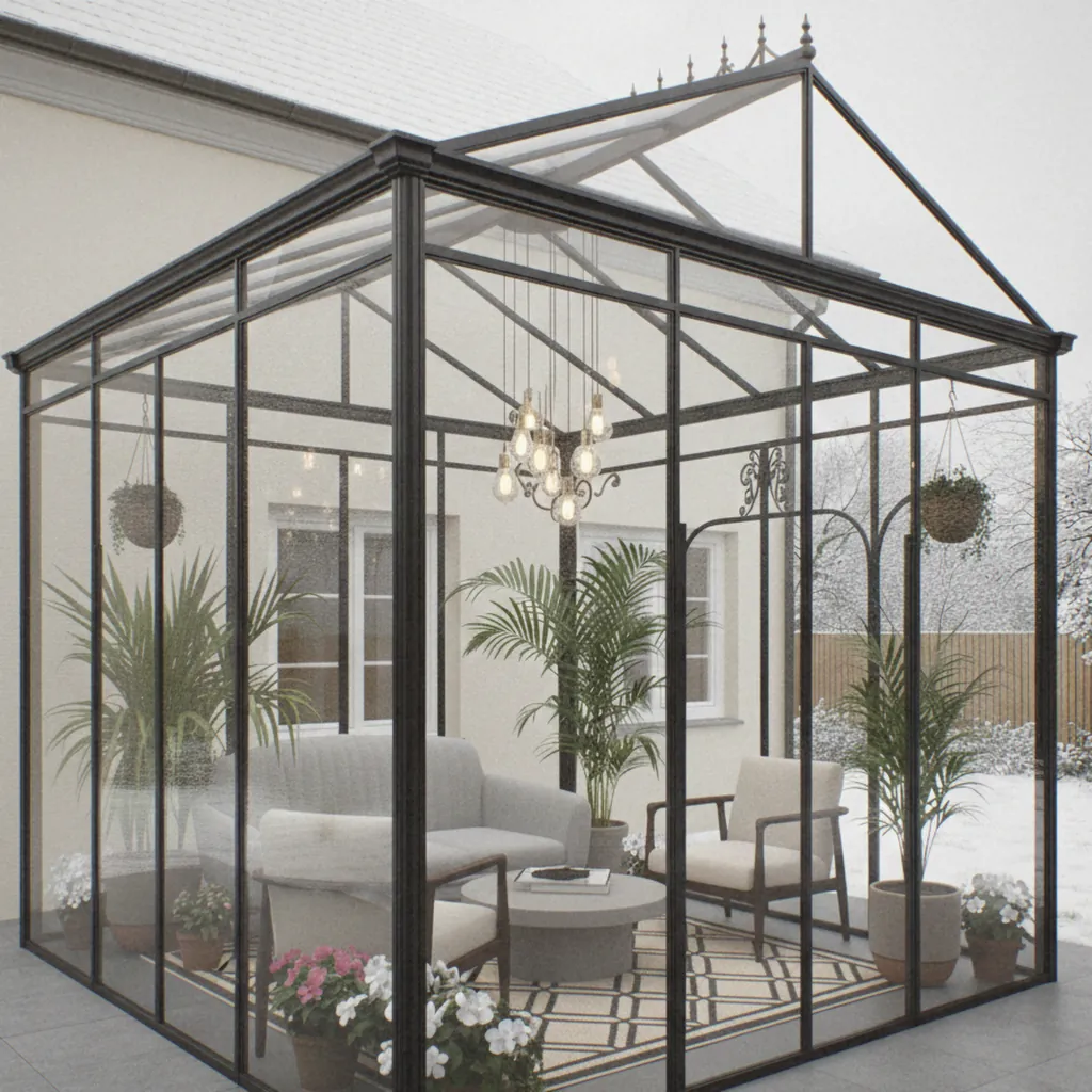 Jardin d'hiver en acier noir adossé à la maison