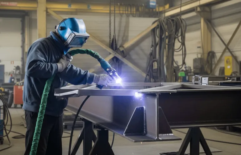 Soudeur assemblant une poutrelle acier en atelier
