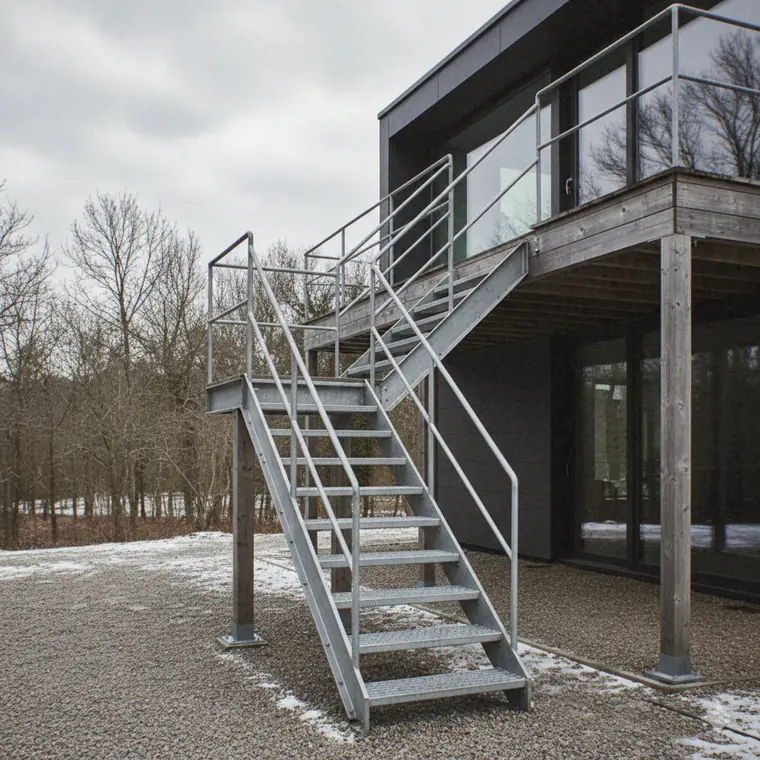 Escalier extérieur en acier galvanisé desservant une terrasse