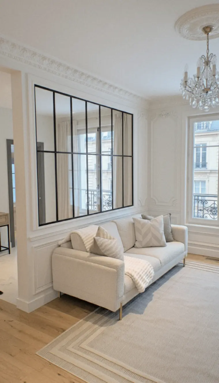 Verrière intérieure en acier ouverte dans un mur mouluré de salon