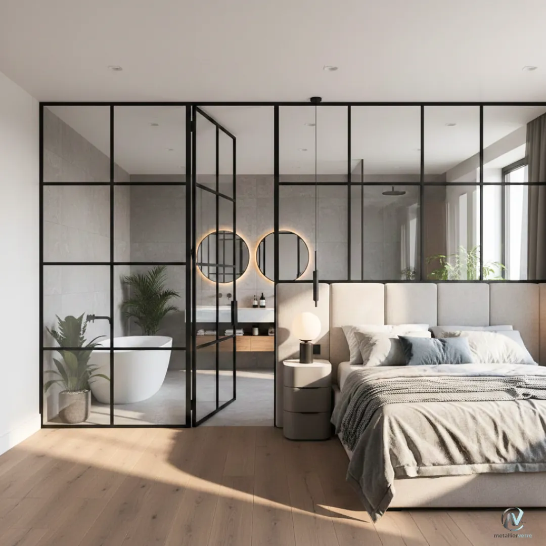 Cloison vitrée en acier noir entre chambre et salle de bain