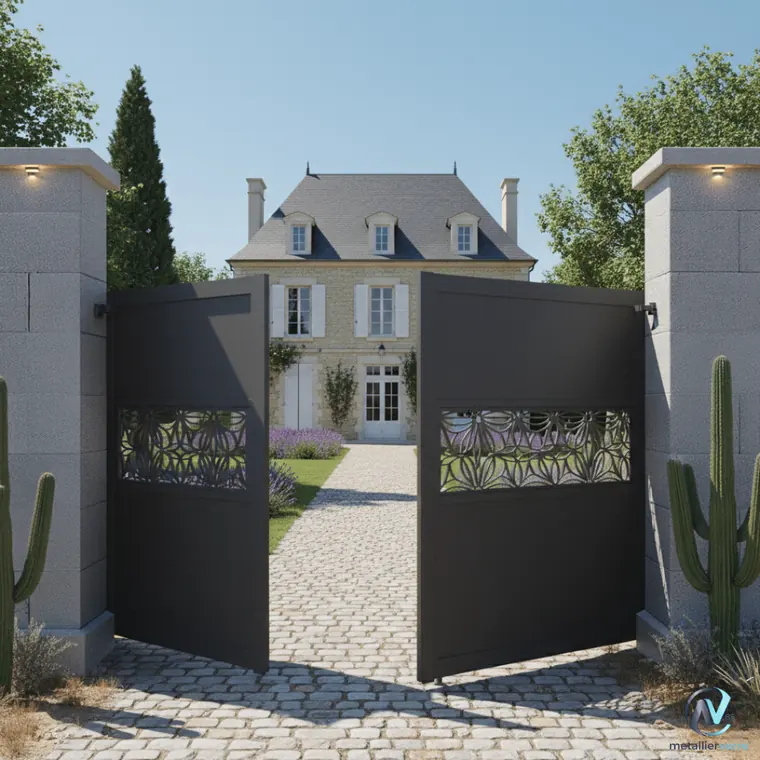 Portail battant anthracite à bandeau découpé de motifs végétaux