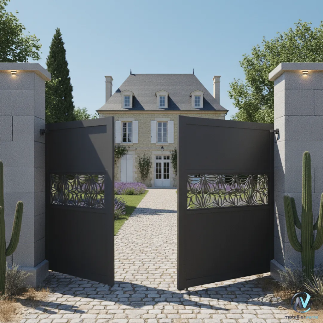 Portail battant anthracite à bandeau découpé de motifs végétaux