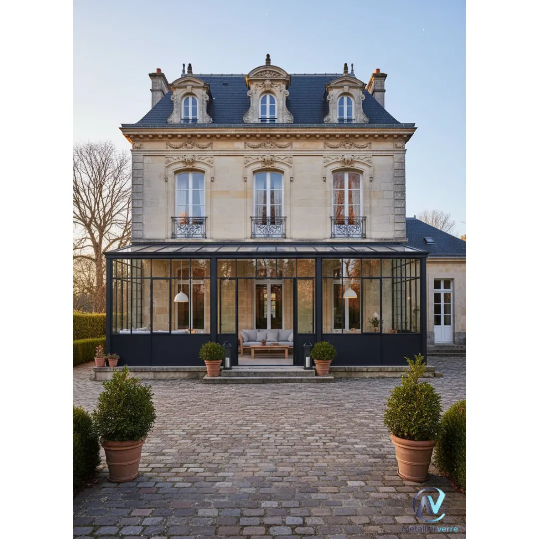 Véranda en acier noir au pied d'une maison de maître