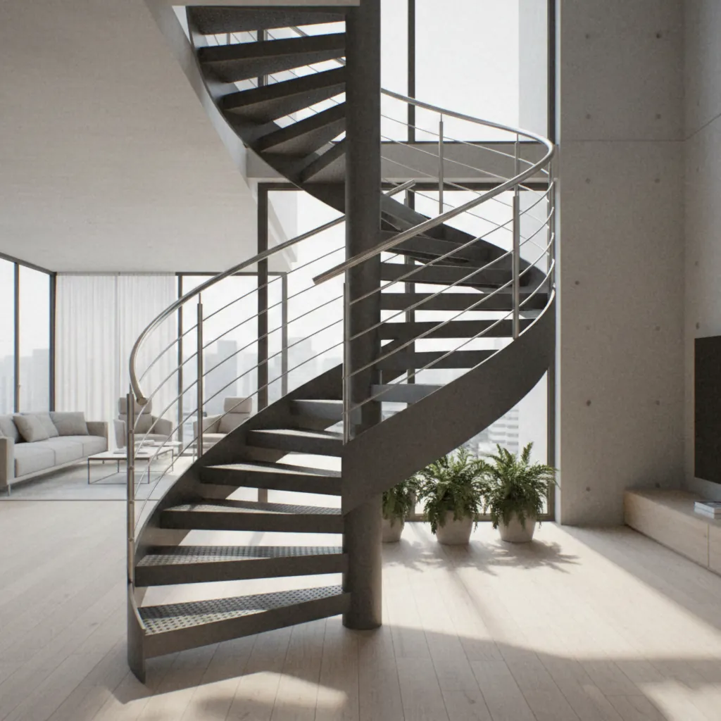 Escalier hélicoïdal acier à garde-corps inox à lisses horizontales