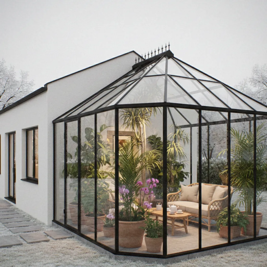 Jardin d'hiver en acier noir adossé à une maison