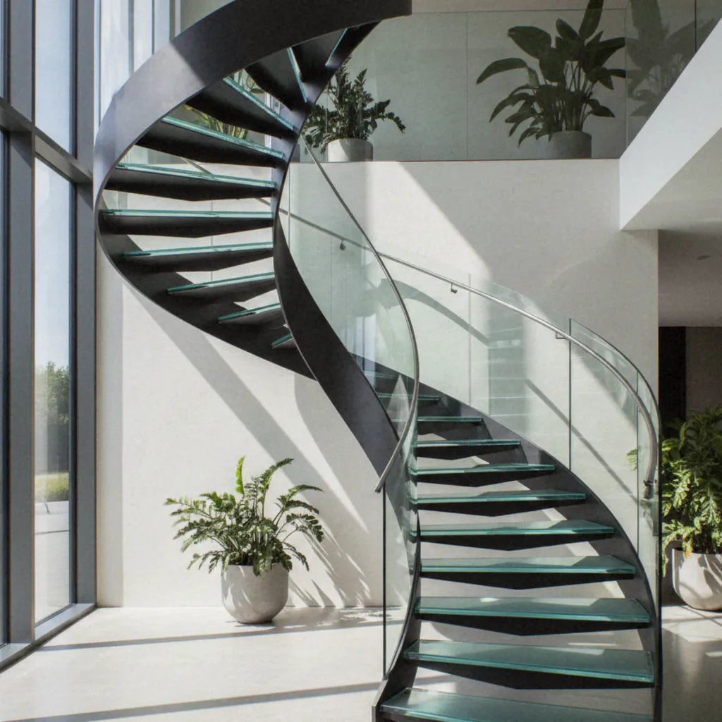 Escalier hélicoïdal à limon central, marches et garde-corps en verre