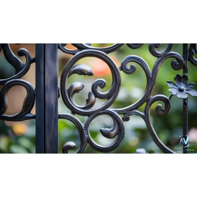 Gros plan sur les volutes forgées d'une grille