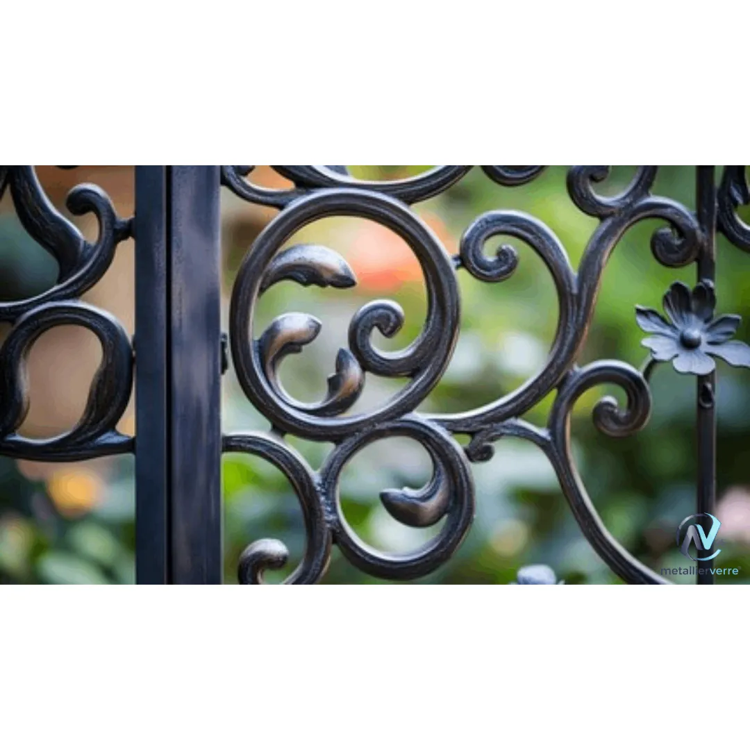 Gros plan sur les volutes forgées d'une grille