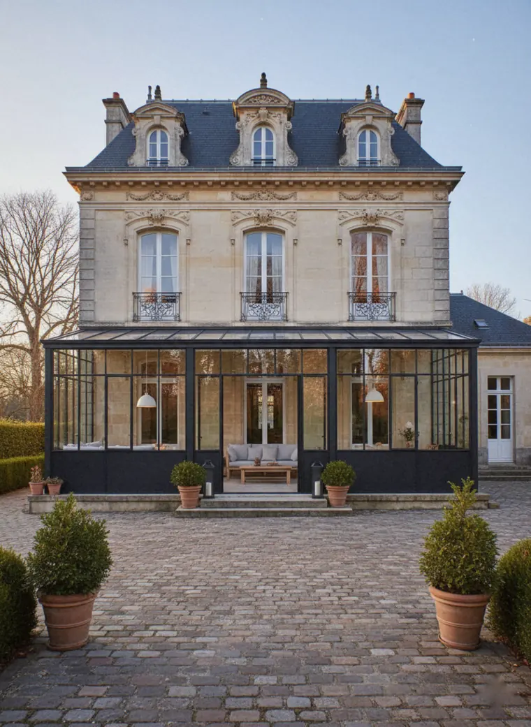 Extension vitrée en acier noir devant une maison de maître