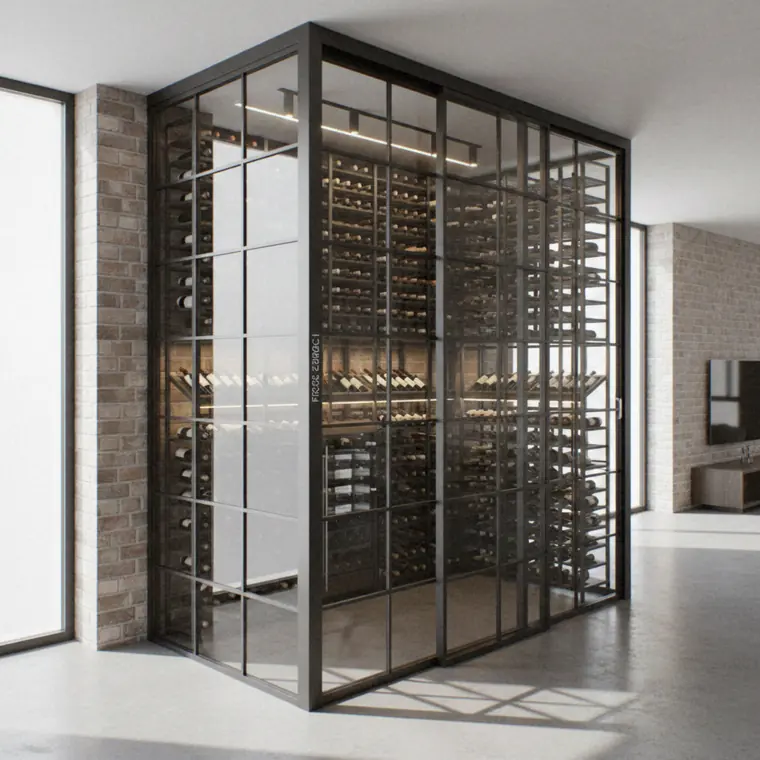 Cave à vin vitrée toute hauteur à cadre acier noir