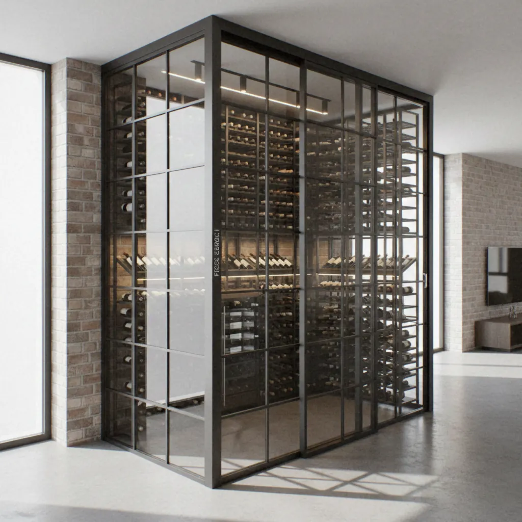 Cave à vin vitrée toute hauteur à cadre acier noir