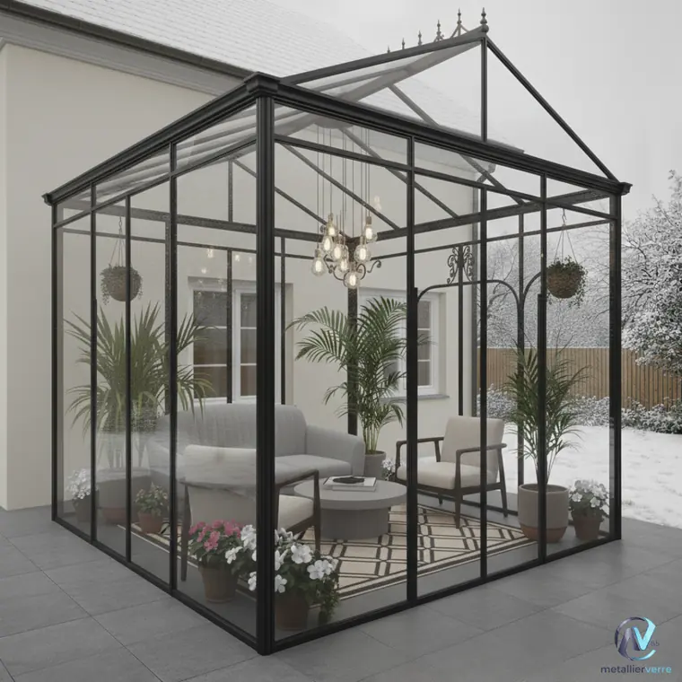 Véranda carrée en acier noir avec lustre et salon