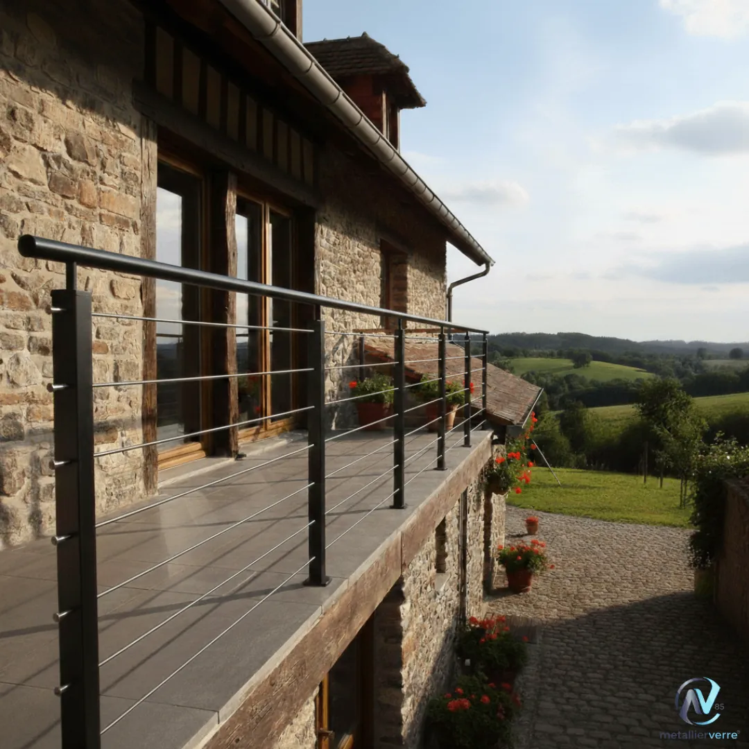 Garde-corps à câbles inox le long d'une terrasse en pierre