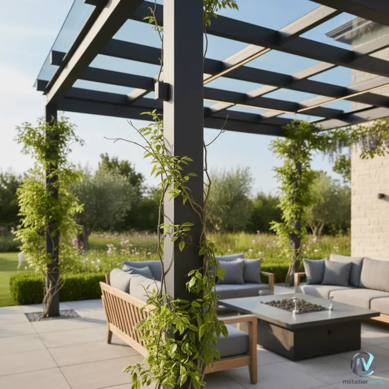Pergola en acier à couverture vitrée au-dessus d'un salon de jardin