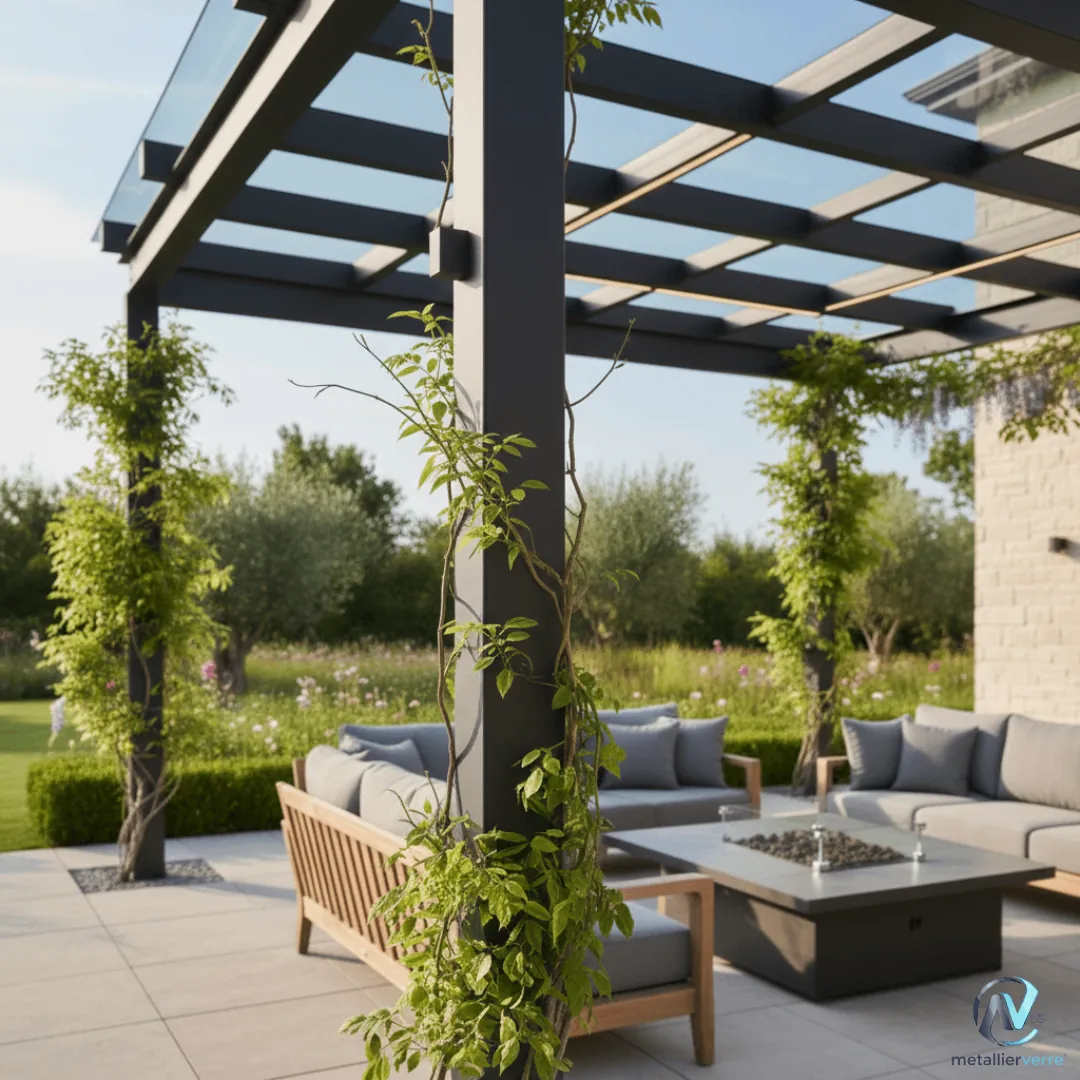 Pergola en acier à couverture vitrée au-dessus d'un salon de jardin