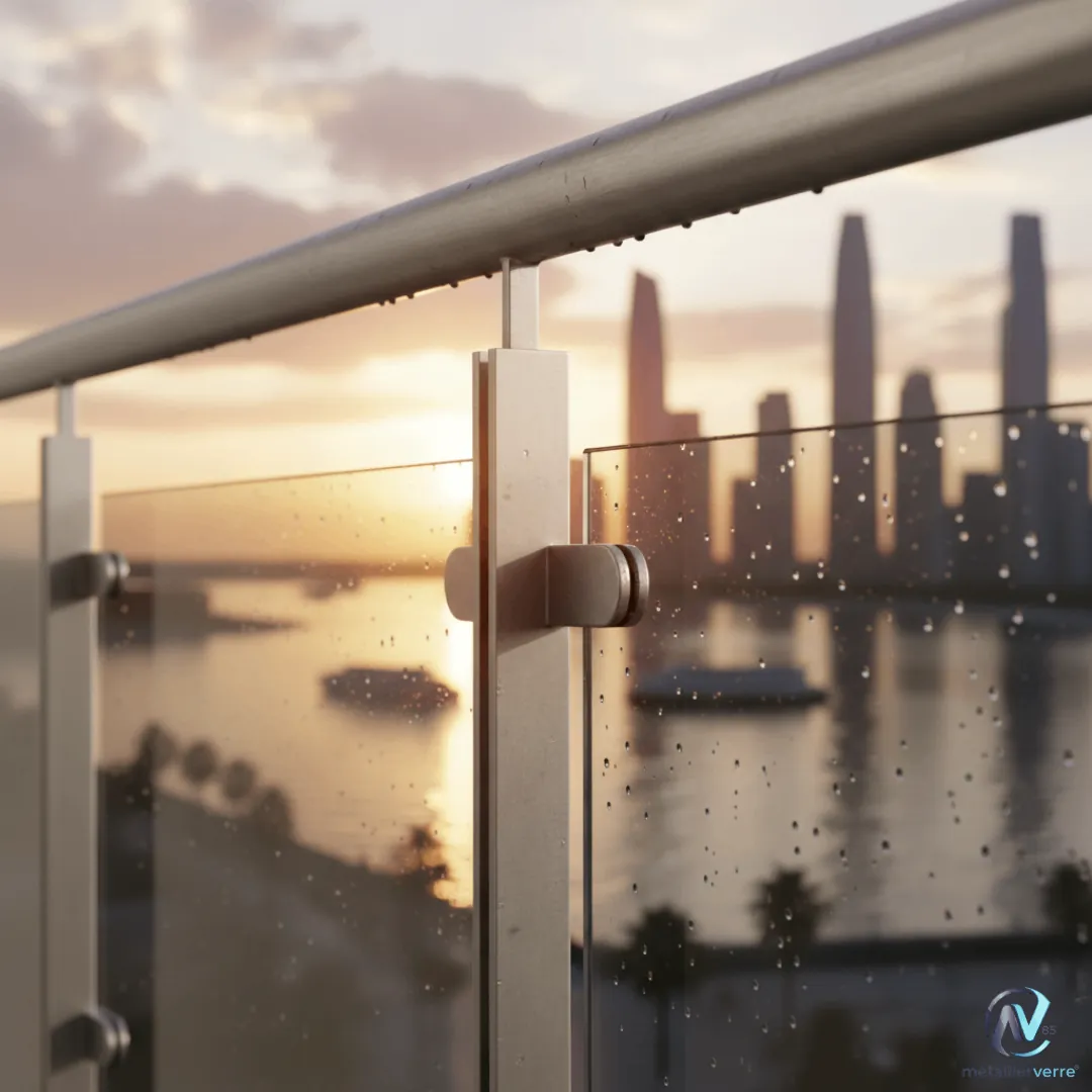 Garde-corps en verre à poteaux inox sur une terrasse