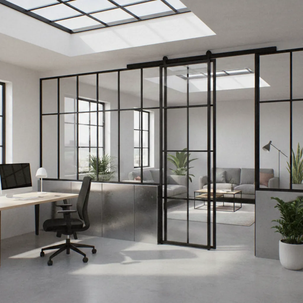 Verrière noire à petits carreaux avec porte coulissante entre bureau et salon