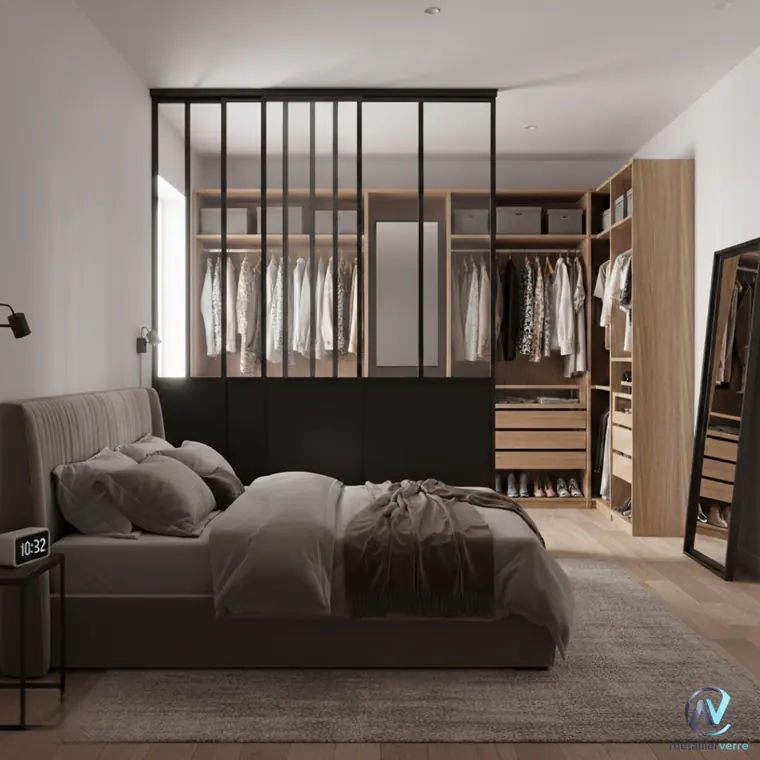 Verrière noire à montants verticaux entre chambre et dressing