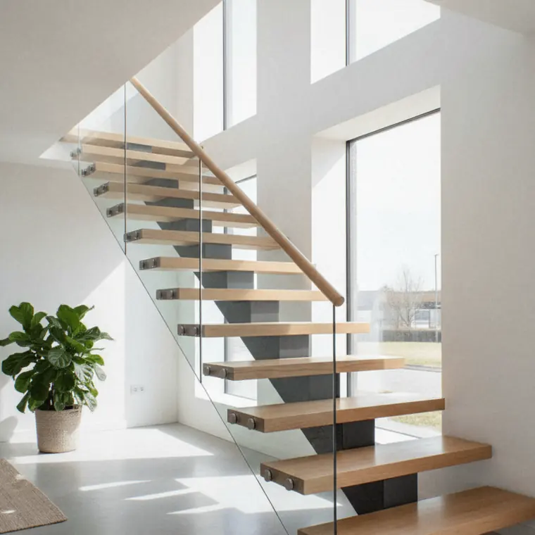Escalier suspendu à marches de chêne et garde-corps tout verre