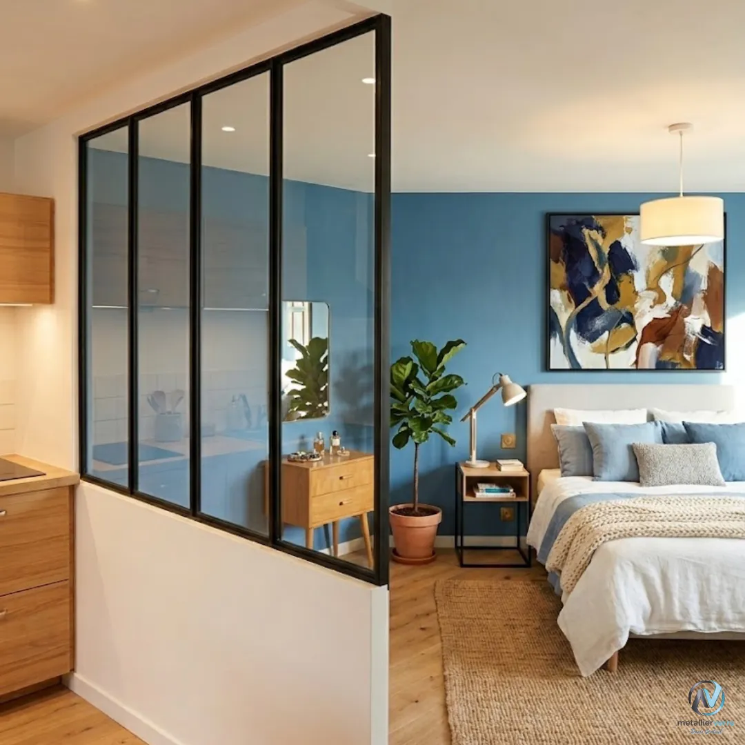 Verrière noire sur muret dans une chambre bleue
