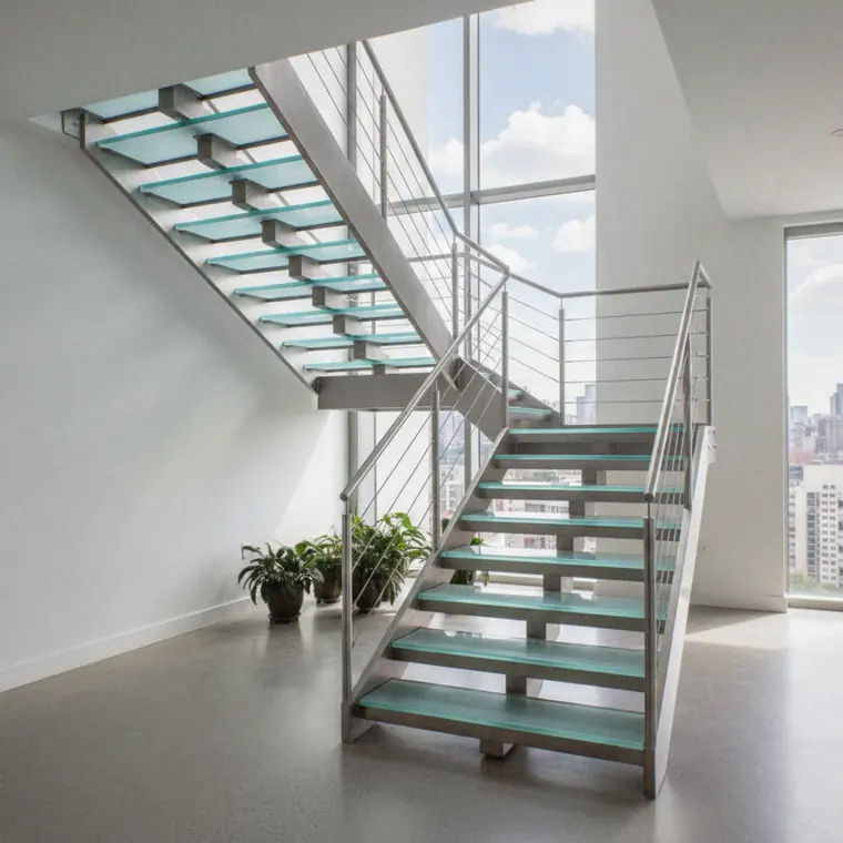 Escalier à deux volées avec marches de verre