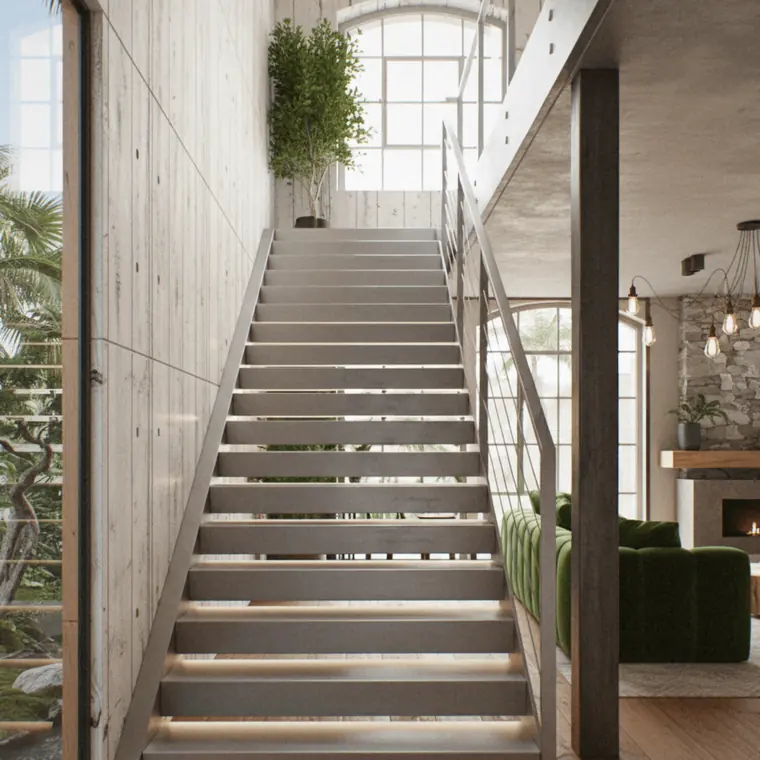 Escalier acier ouvert sur un séjour, garde-corps à câbles