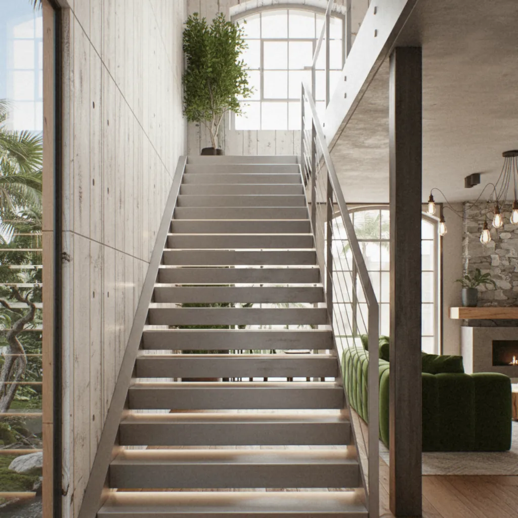 Escalier acier ouvert sur un séjour, garde-corps à câbles