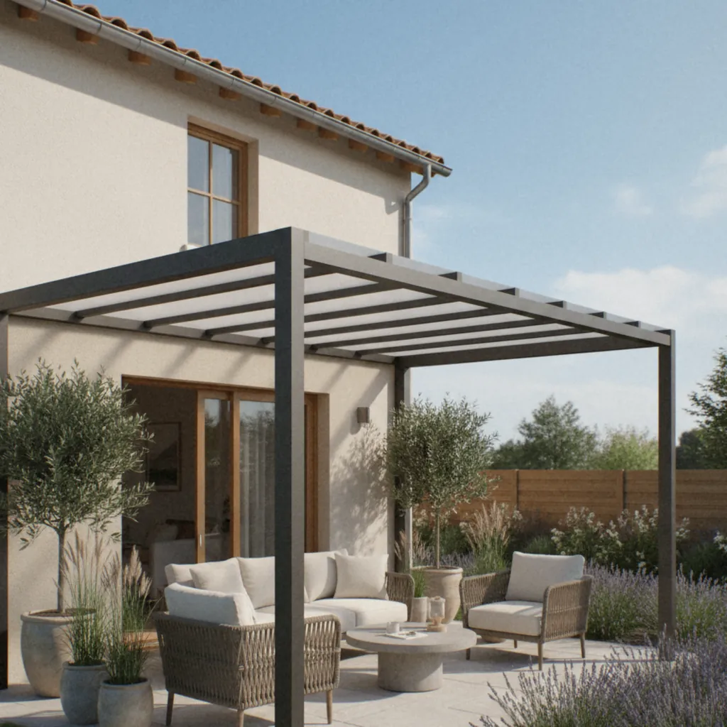 Pergola adossée à lames en acier anthracite sur une terrasse