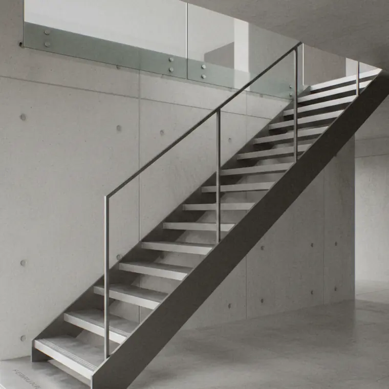 Escalier droit à marches métal et garde-corps en verre
