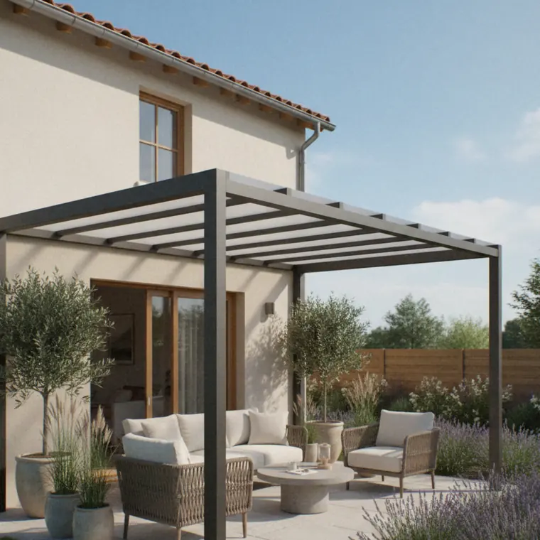 Toit à lames noires d'une pergola au-dessus d'un salon d'extérieur