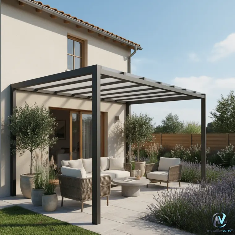 Pergola adossée en acier anthracite à lames fixes sur une terrasse